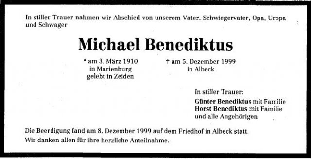 Benediktus Michael 1910-1999 Todesanzeige